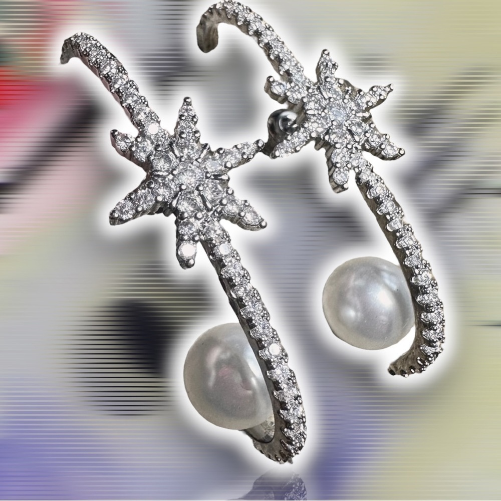 NEW CZ Over Lobe Drop Star Earrings With Reverse White Imitation Pearl - Picture 9 of 10